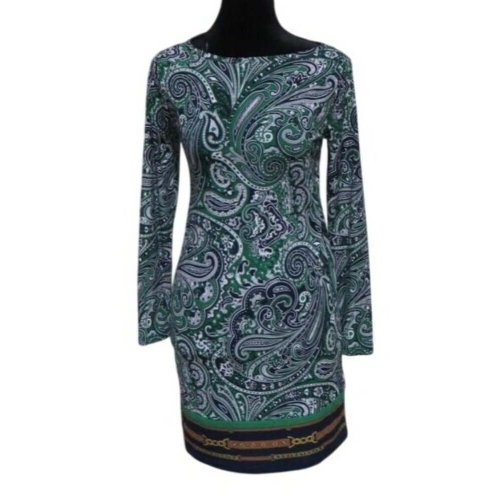 Michael Kors green paisley print jersey petite long sleeve dress NWT boat neck
